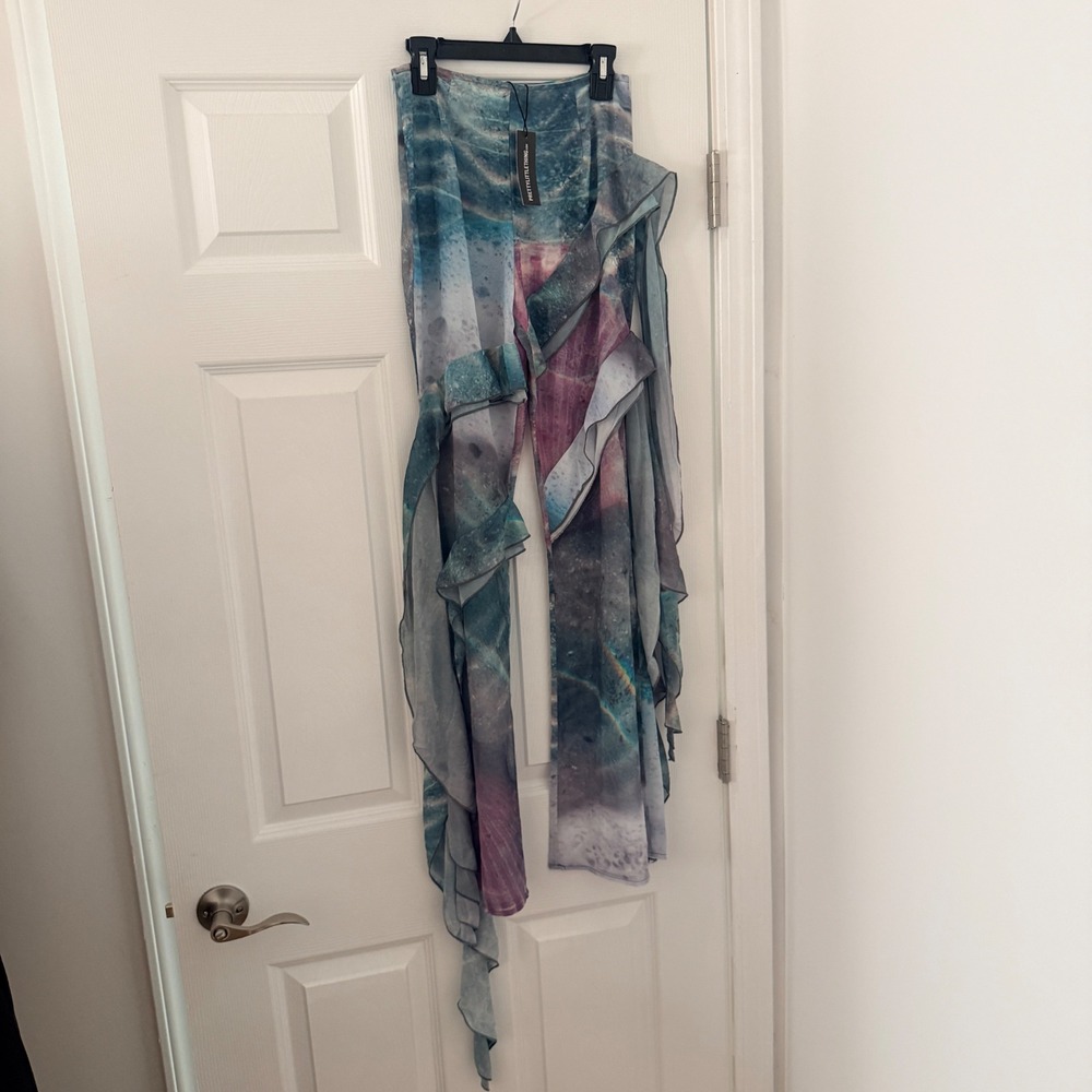 PrettyLittleThing Swim Coverup Multi Water Print Frill Beach Sheer Coverup 0 New
